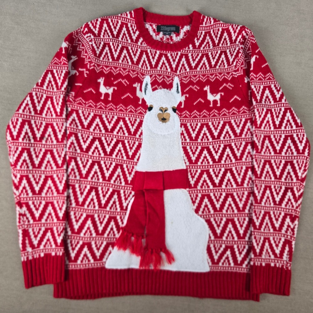 33 Degrees Mens Red White Llama Ugly Christmas Sweater Sherpa Scarf Unisex M